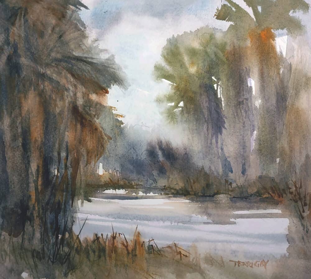 misty palm trees by pond